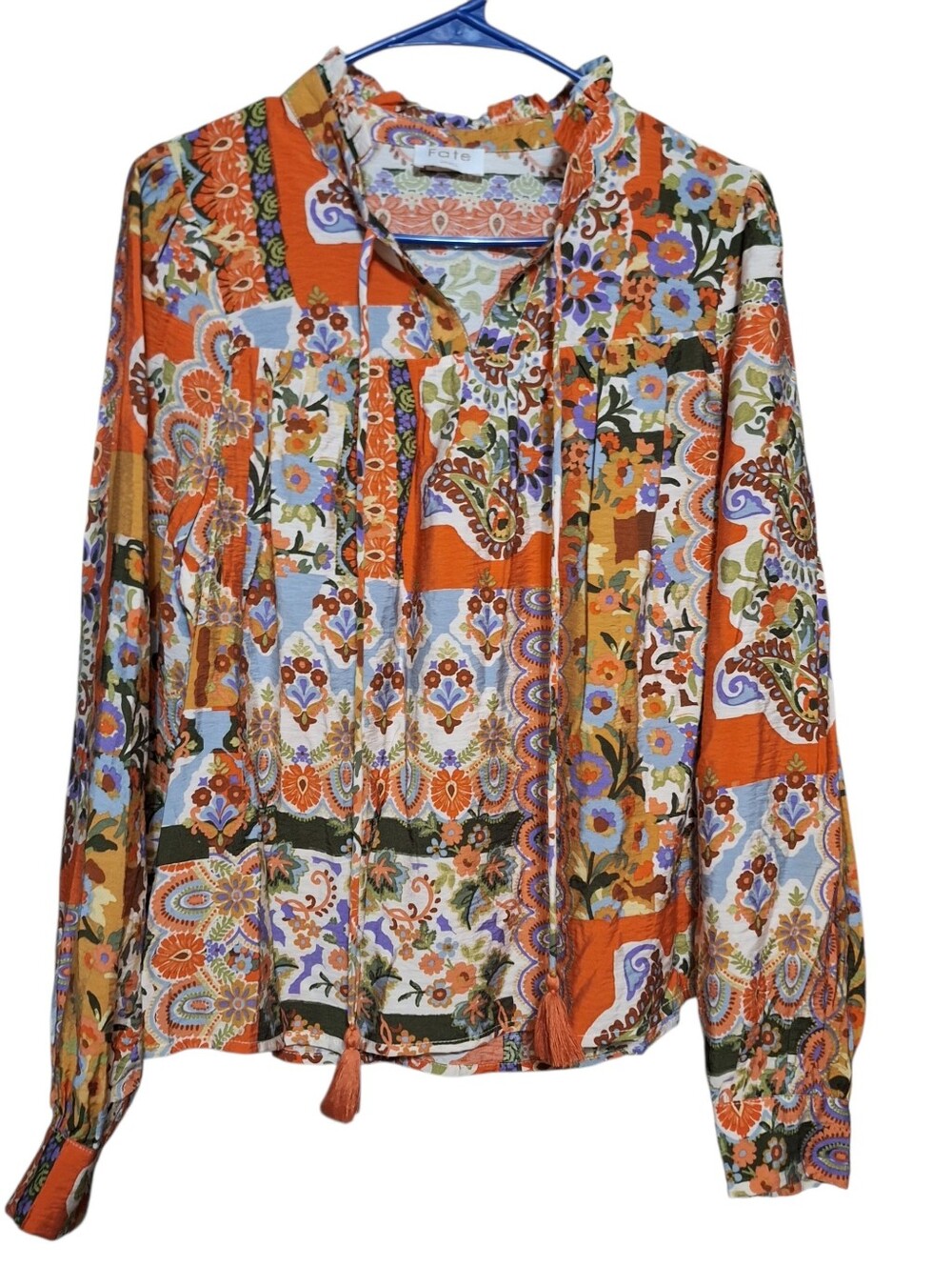 FATE  S oversized floral patchwork boho hippie cottage blouse balloon slv tassel